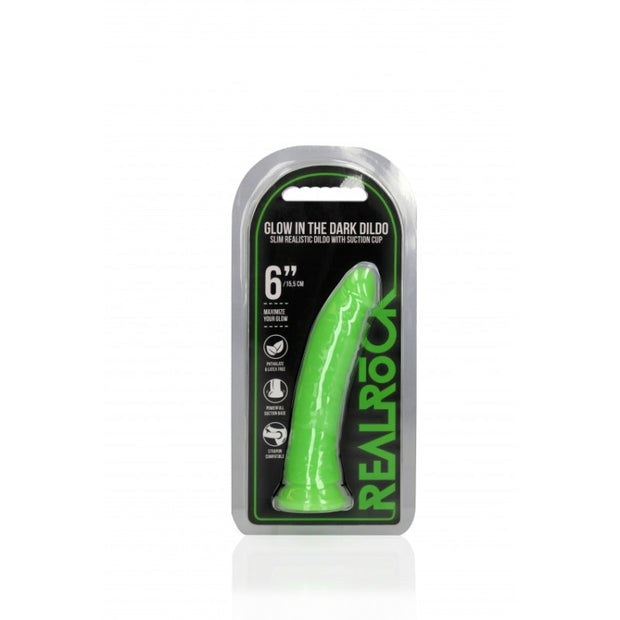 Fallo realistico con ventosa Slim Dildo Suction Cup GitD 15,5 cm Neon Green