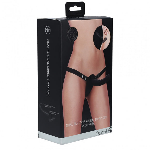 Dildo indossabile doppio Dual Silicone Ribbed Strap-On Adjustable Black