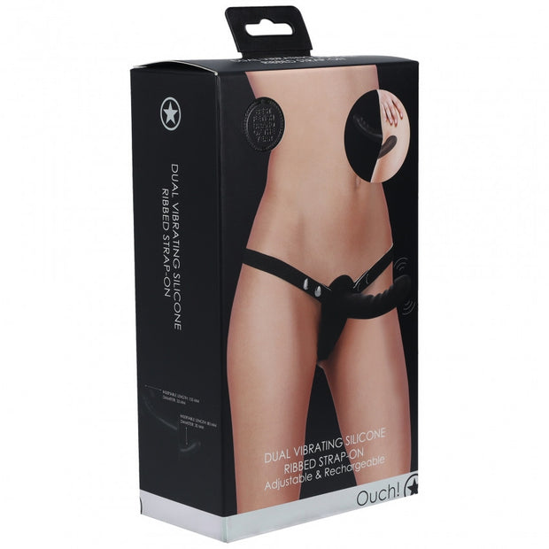 Vibratore indossabile doppio Dual Vibrating Silicone Ribbed Strap-On Adjustable Black