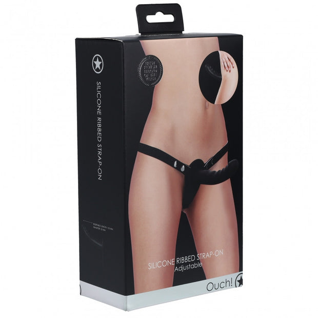 Vibratore indossabile Vibrating Silicone Ribbed Strap-On Adjustable Black