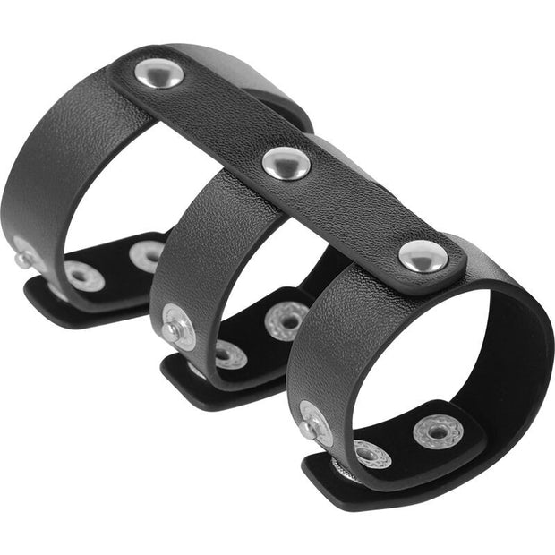 Anello fallico doppio per pene e testicoli regolabile in pelle darkness